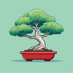Cartoon bonsai tree in a red pot with a green background, vector illustration.