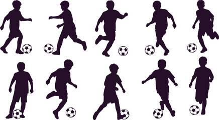 Silhouettes of children playing soccer with balls in various dynamic poses black © Ambia Art