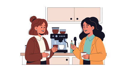 Modern flat vector illustration of women chatting during office coffee break in kitchen area, friendly style, ideal for workplace lifestyle visuals