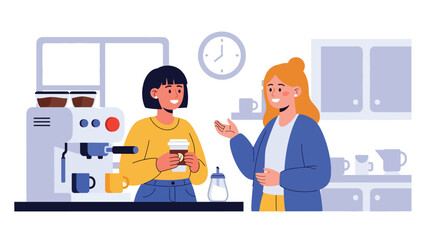 Modern flat vector illustration of women chatting during office coffee break in kitchen area, friendly style, ideal for workplace lifestyle visuals