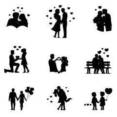 Romantic Couple Silhouette Set Love Proposal Kiss Family Moments Isolated on Transparent Background