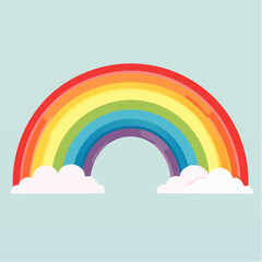 A colorful rainbow illustration with fluffy white clouds at its base against a light blue background.