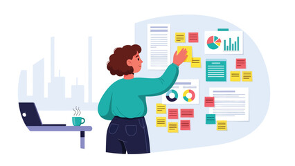 Modern flat vector illustration of woman organizing tasks and notes in office, productivity planning scene, ideal for project management visuals