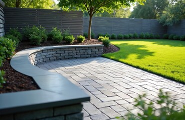 Obraz premium Modern backyard features paved patio with stone retaining wall. Lush green lawn and minimal landscaping complete garden design. Outdoor space for relaxation and entertaining.