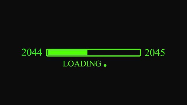 Digital progress bar advances from year 2044 to 2045 with green neon illumination loading future