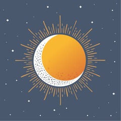 Crescent moon and sun with rays on a dark blue starry background.