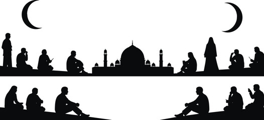 Silhouettes of people praying in front of a mosque under a crescent moon © Ambia Art