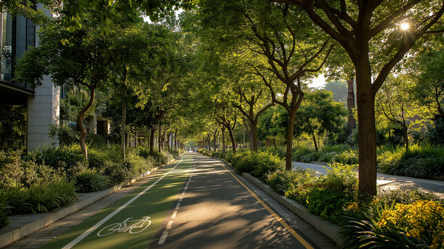 Green Pathway to Urban Serenity: A scenic urban path lined with lush, mature trees invites cyclists and pedestrians into a tranquil oasis, offering a breath of fresh air amidst the cityscape.