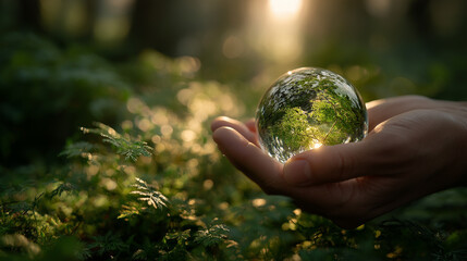 Eco-Consciousness in Hand: A pristine glass sphere, cradled tenderly by hands, reflecting a verdant, sun-dappled woodland, embodies the essence of environmental preservation.