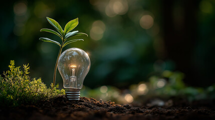 Eco-Innovation: A radiant light bulb illuminates amidst thriving plant life, symbolizing the birth of eco-friendly ideas and the sustainable future.