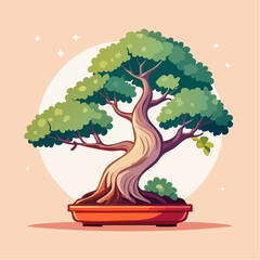 Cartoon illustration of a bonsai tree in a red pot against a light background.