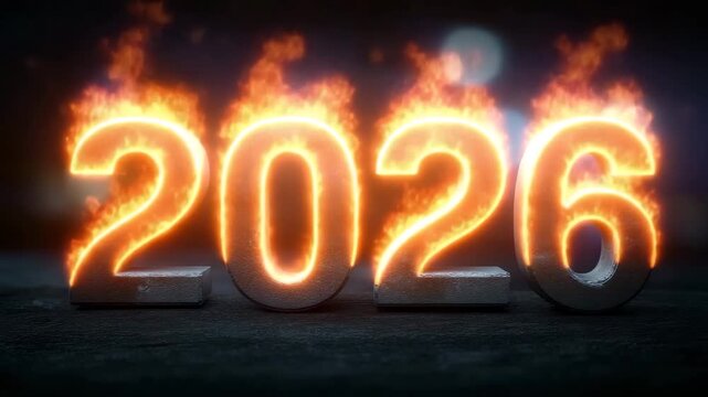 Glowing 2026 numbers on fire in dark background