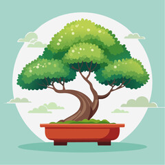 Cartoon illustration of a bonsai tree in a red pot against a light blue background.