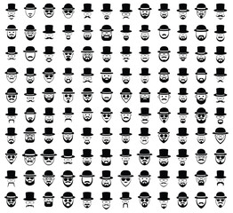Set of men's faces icons with hats, beards, and mustaches