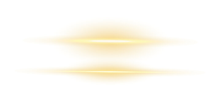 Glowing horizontal gold light line with radiant shine, soft flare burst, and luminous beam effect isolated on transparent background perfect for futuristic overlays, digital highlights, and elegant 