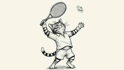 An adorable cat dressed as a tennis player prepares to hit a ball with a racket © Design Potion