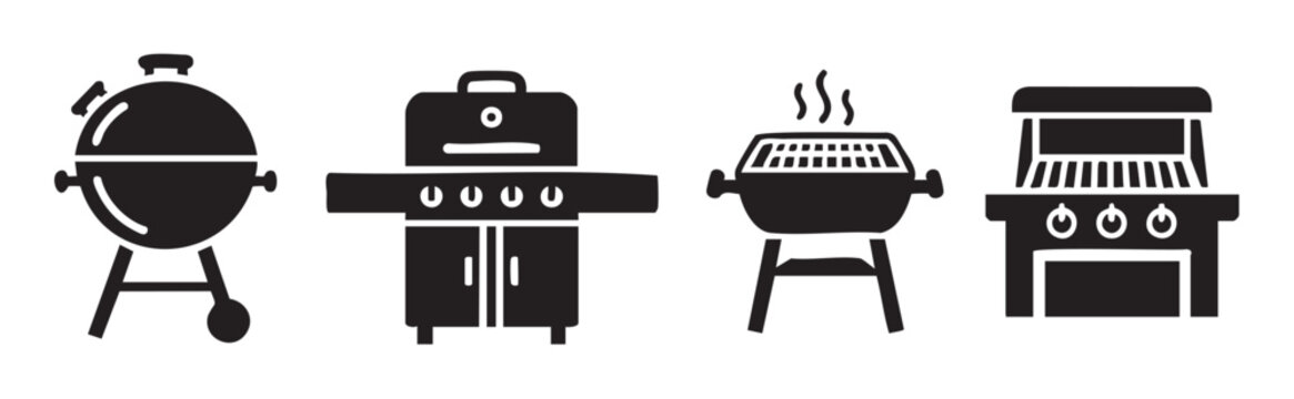 Four different barbecue grills icons representing various types of outdoor cooking equipment for summer parties and backyard gatherings.