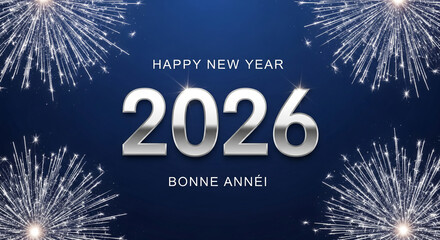 Celebratory image with silver number 2026 and firework bursts on a blue gradient background, representing New Year greeting and festive occasion