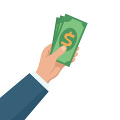 Cash in Hand, Vector Illustration. Hand Holding Money Vector Illustration. Business Hand Giving Dollar Banknotes Isolated. Payment Concept for Salary, Bonus, Tip, Cash