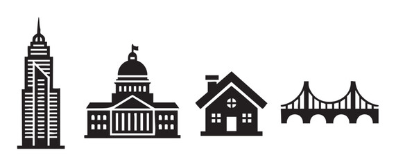 Fototapeta premium Various architectural buildings and a bridge are presented as simple black silhouettes, representing diverse urban, governmental, and residential structures.