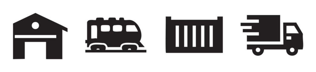Obraz premium Black silhouette icons representing various logistics and transportation services including warehouse, bus, shipping container, and delivery truck symbols for global supply chain operations.