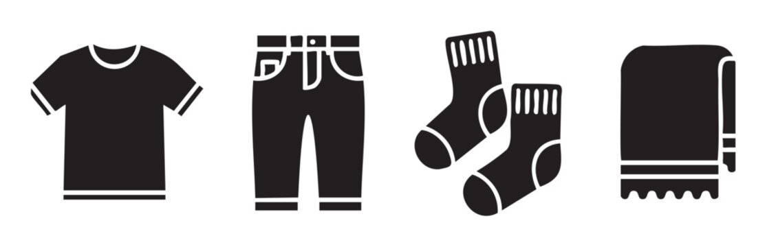 Various clothing items and textiles are displayed as simple black silhouette icons, illustrating everyday apparel and laundry concepts.