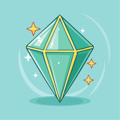 Illustration of a green diamond with yellow trim and sparkles on a blue background.