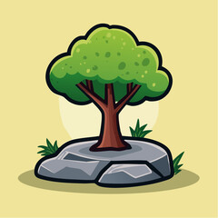 Cartoon illustration of a tree growing on a rock with a light yellow background.