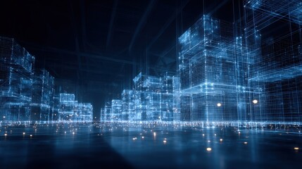 Futuristic Digital Warehouse with Glowing Blue Wireframe Boxes and Data Connections