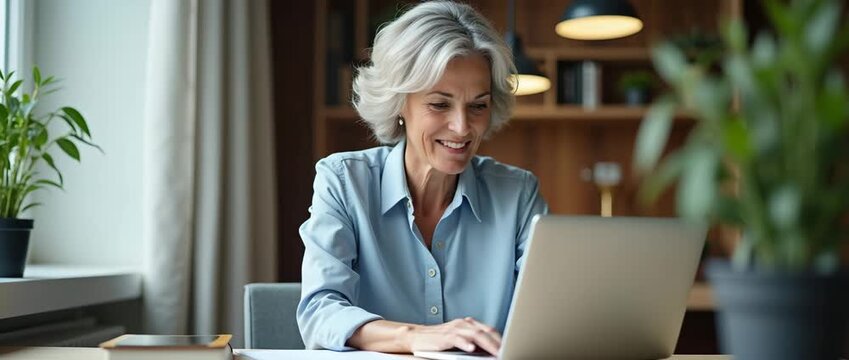 Smiling stylish mature middle aged business woman using laptop computer sitting at workplace desk. Happy senior older lady 60s grey haired businesswoman working typing on pc at home or from office. co