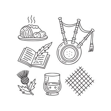 Hand-Drawn Doodle Icons for Burns Night  Haggis, Bagpipes & Poetry