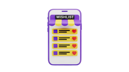 3D Mobile Wishlist App Interface with Hearts on transparent background