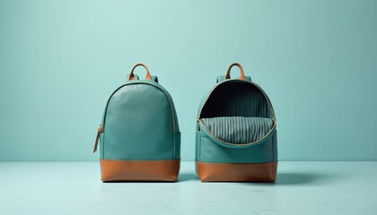 Two teal leather backpacks one open showing pleated interior, one closed sit on light blue surface. Simple studio shot highlights minimalist style, premium quality accessories for travel, school.