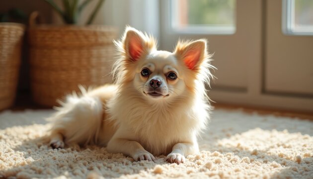 Small tan chihuahua dog rests on fluffy carpet indoors. Light streams from window on its fur. Pet relaxes in cozy home environment. Domestic animal has cute appearance.