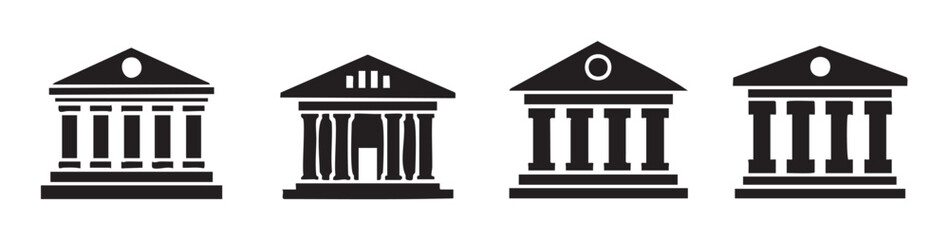 Naklejka premium Building icons representing various institutions with classical architectural elements like pillars and pediments, suitable for financial, legal, or educational themes.