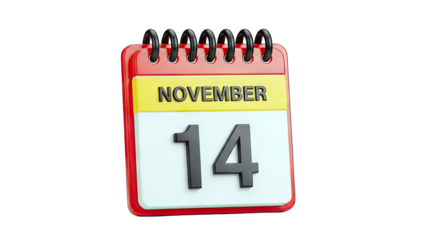 3D November 14th Calendar Page on transparent background