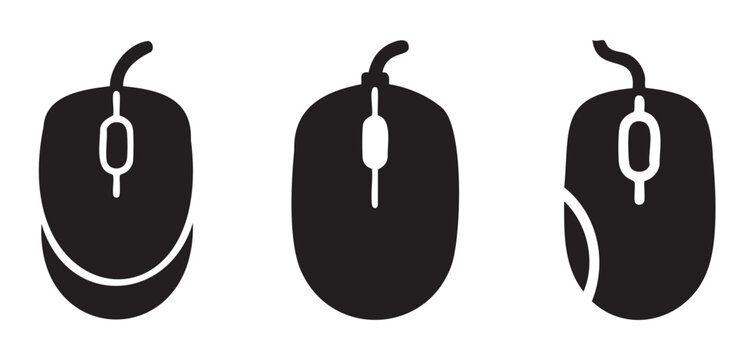Three computer mouse icons in a sleek black silhouette style, illustrating essential digital technology and user interface tools for modern computing devices.
