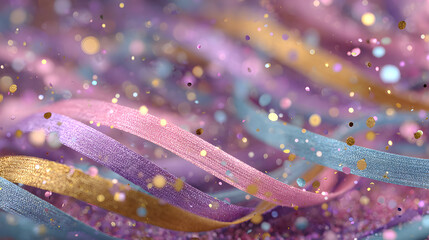 Abstract festive background with glitter, confetti, ribbons and free place for text. New Year, Christmas, birthday, holiday celebration banner