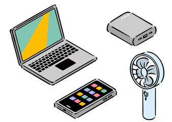 アイソメトリック図法のモバイル機器セット。手描きのアイソメ。