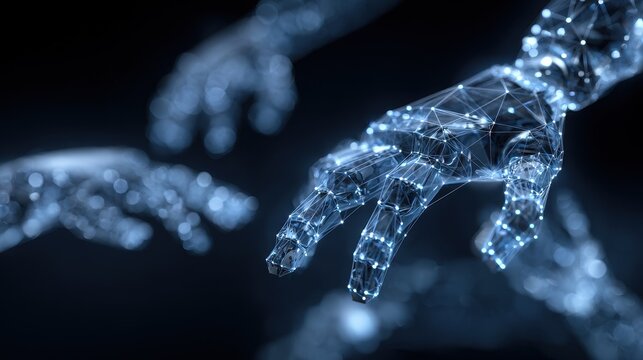 Abstract blue digital human hands reaching out in futuristic wireframe design - Powered by Adobe
