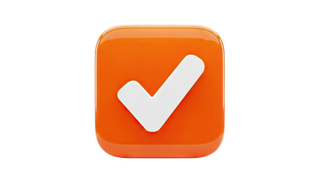 3D Orange square icon with a white checkmark on transparent background