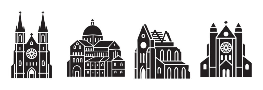Four distinct church building icons representing various architectural styles and historical religious structures in a minimalist black silhouette design.