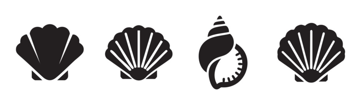 Various black silhouette seashells and conch shell icons representing ocean life, summer, beach, and marine themes for design elements and decorative purposes.