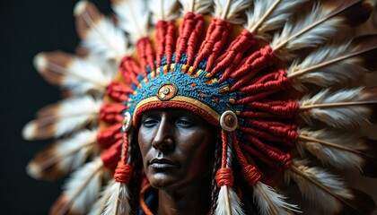 Obraz premium Man wears ornate feathered headdress with colorful beads. Looks intently ahead, face partly shadowed. Intricate tribal regalia signifies cultural heritage, ceremony. Headdress features red yarn,