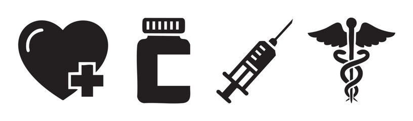 Obraz premium Heart, pill bottle, syringe, and Caduceus symbols are presented as a collection of essential healthcare and medical icons in a clean, minimalist vector style.