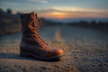 Brown leather boot on a dirt road at sunset with blurred background and warm colors in the sky