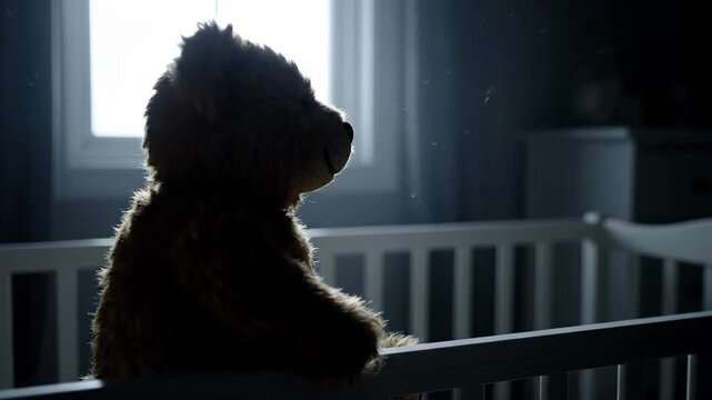 Teddy bear sitting in crib by window at night, childhood loneliness concept