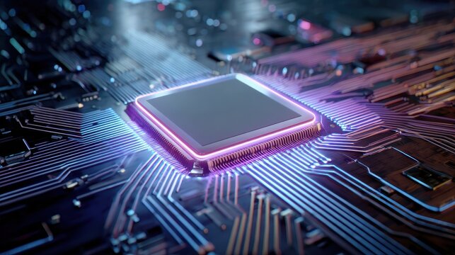 High Performance Central Processing Unit on Computer Circuit Board with Glowing Trails - Powered by Adobe