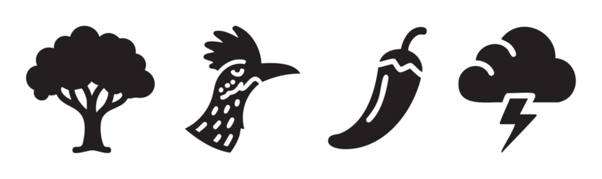 Collection of black silhouette icons featuring a tree, bird head, chili pepper, and lightning cloud, representing diverse concepts in a simple graphic style.