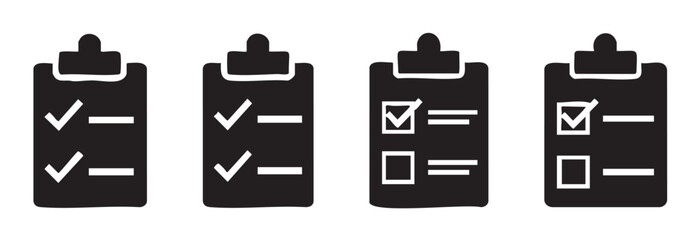 Four black clipboard icons displaying different checklist styles, symbolizing successful task completion and efficient project planning.